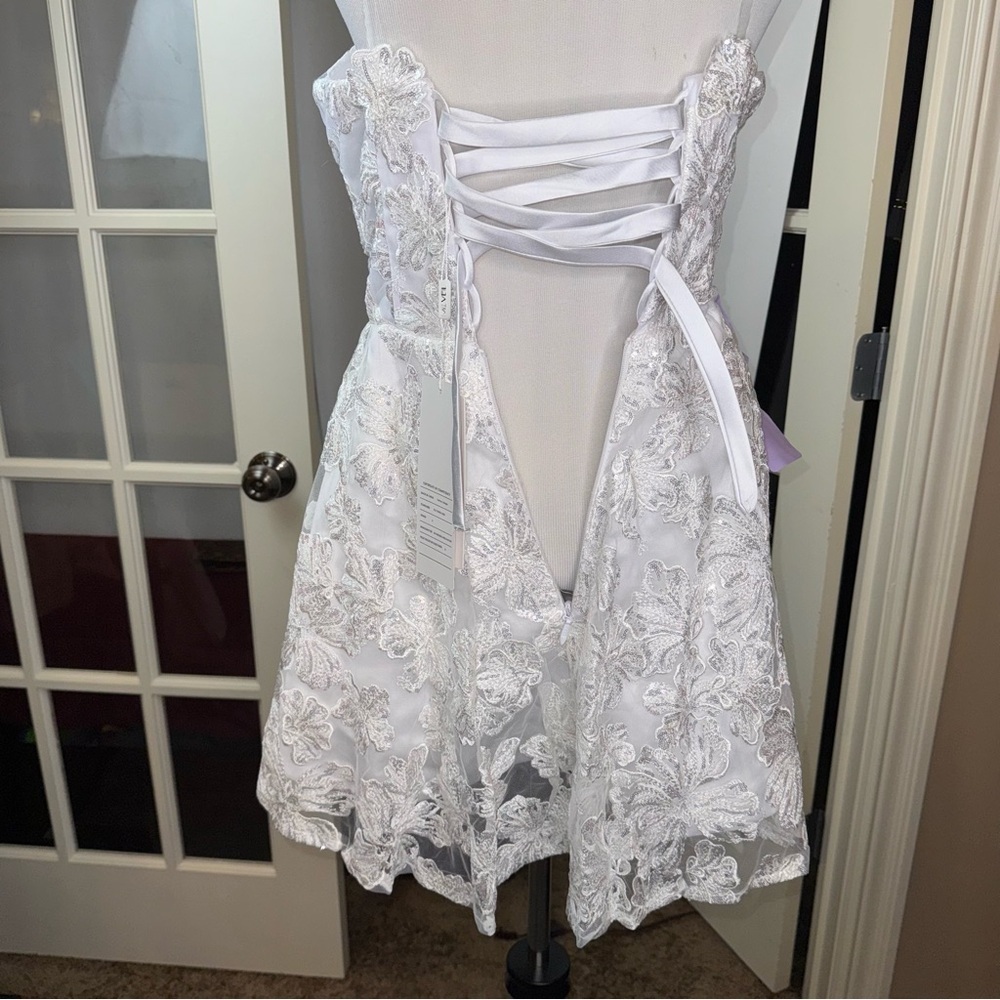 Miss Veil Wedding Lace Mini Dress Strapless Beach Wedding Prim Dance Organza Bow - Picture 8 of 16